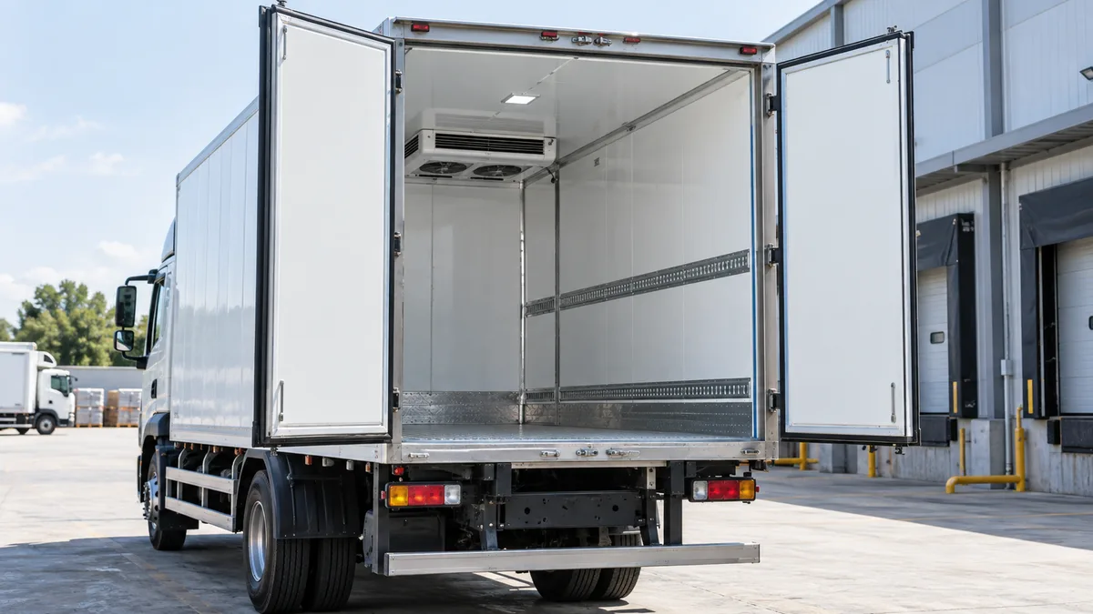 Interno isolato di un camion frigorifero con porte posteriori aperte