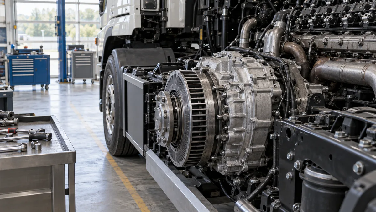 Componenti di trasmissione di un camion in officina